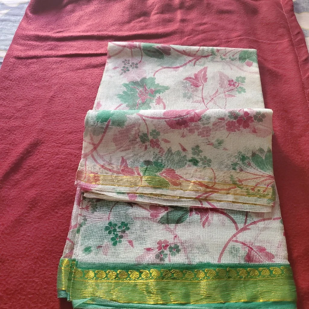 White Floral Printed  Jp Kota Saree with Green Zari Border