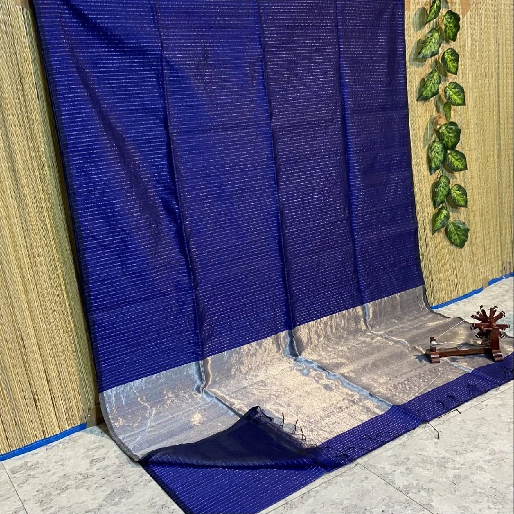 Royal Blue Saree with Silver Zari Stripes and Border