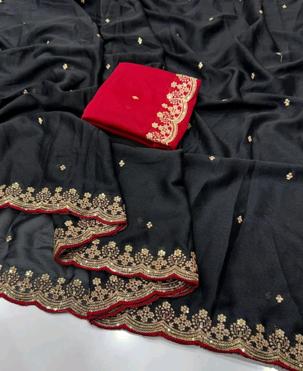 Georgette Saree with Gold Sequin Embroidery and Red Scalloped Border 1