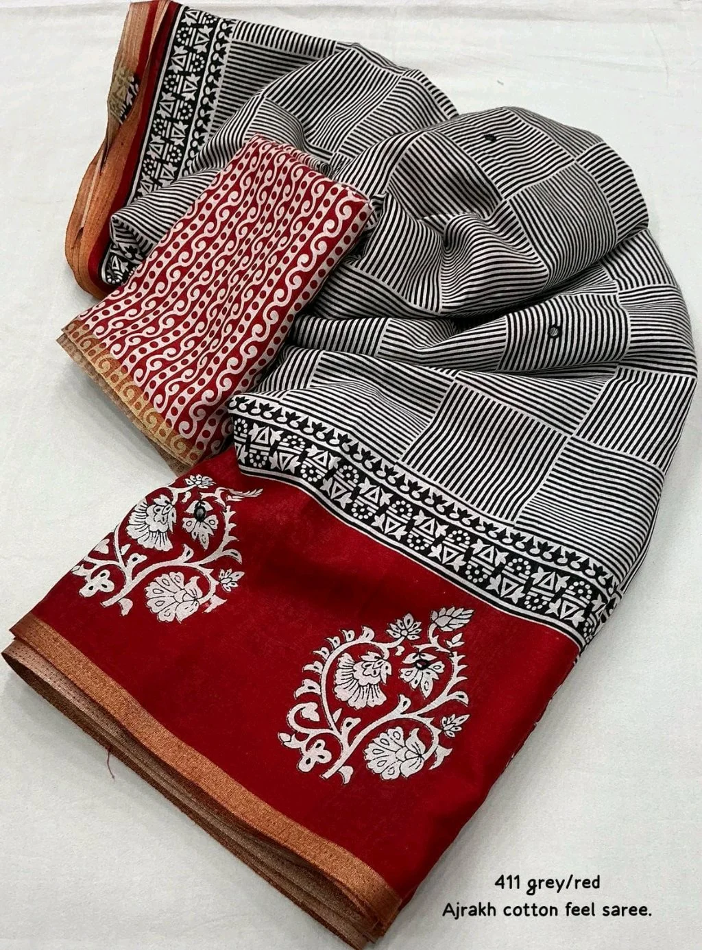 Ajrakh Cotton Saree with Red Prints 10