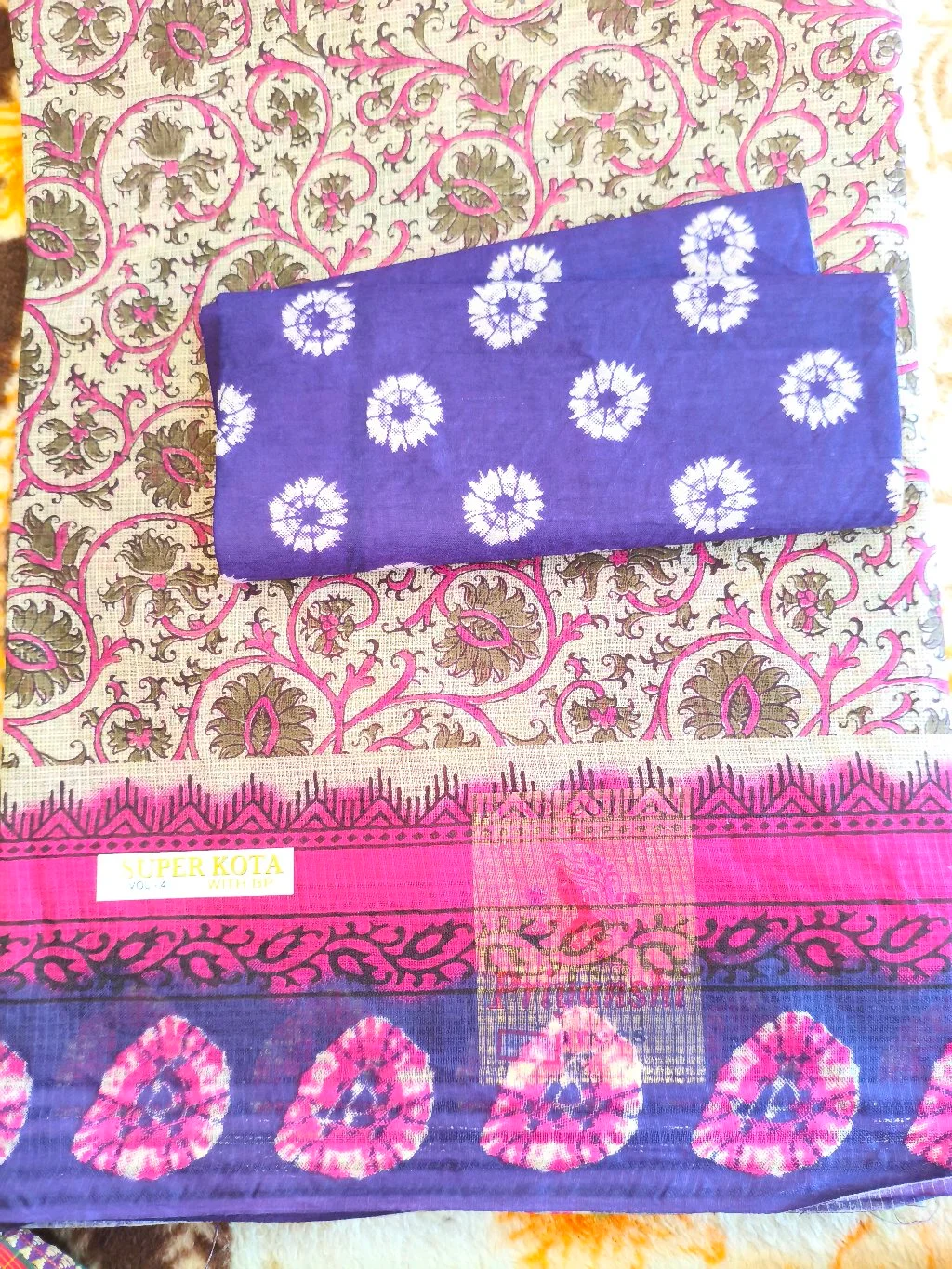 Super Kota Floral Block Print Dress Material with Tie-Dye Blouse 1