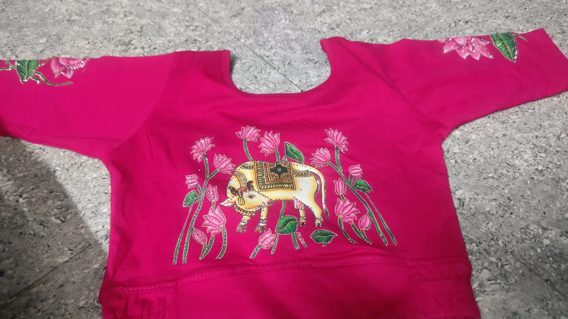 Hot Pink Blouse with Cow and Lotus Handpaint