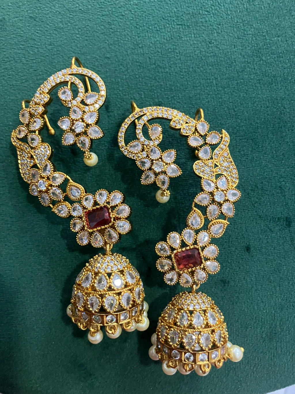 Gold Plated Ear Cuff Jhumka Earrings with White and Red Stones