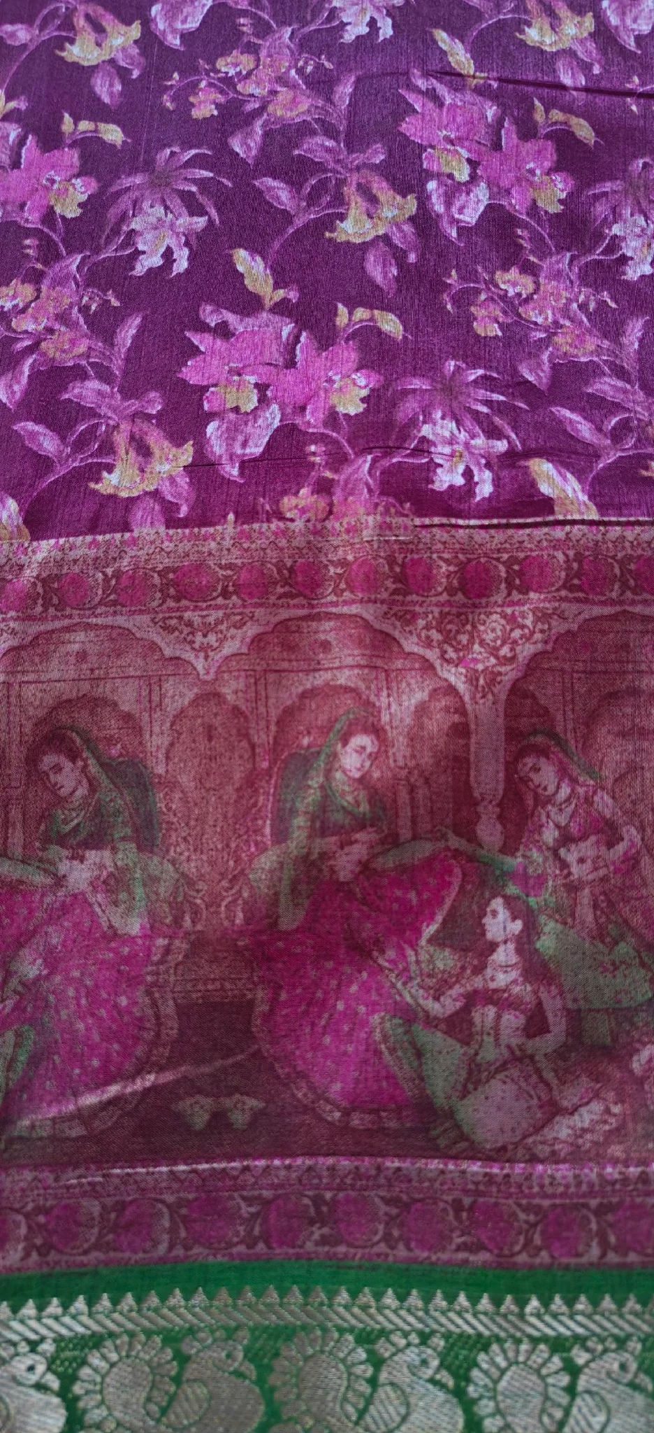 Purple Floral Figurative Saree with Green Zari Border 4