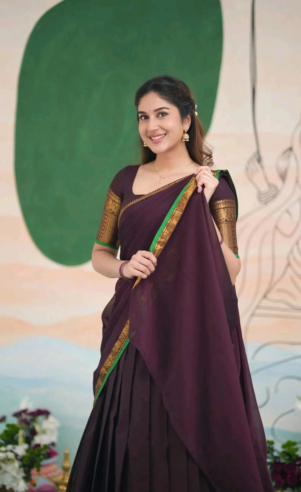 Plum Pleated Lehenga Choli Set with Elephant Zari Border 2