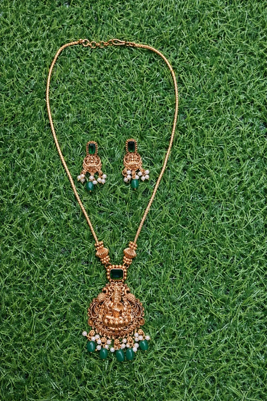 Gold Toned Lakshmi Temple Necklace Set with Green Stones and Pearls 2
