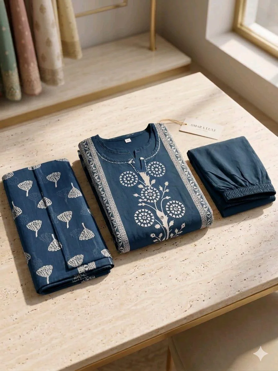 3-piece Kurti Set with Block Print Dupatta and Palazzo thumbnail 3