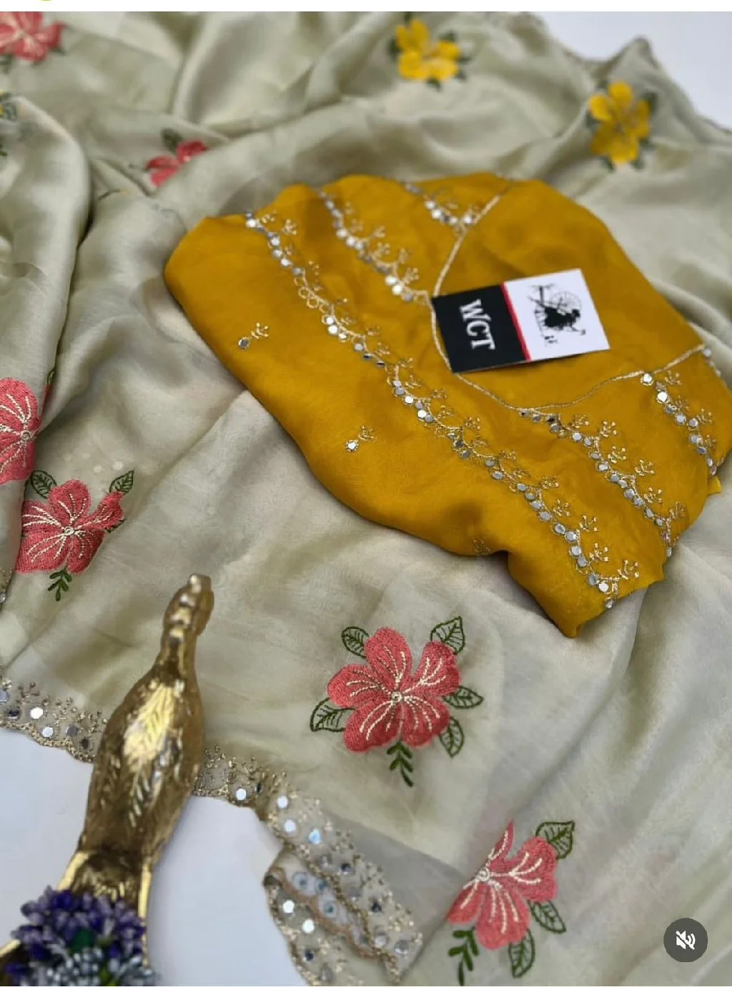 Light Grey Floral Embroidered Saree with Yellow Blouse thumbnail 3