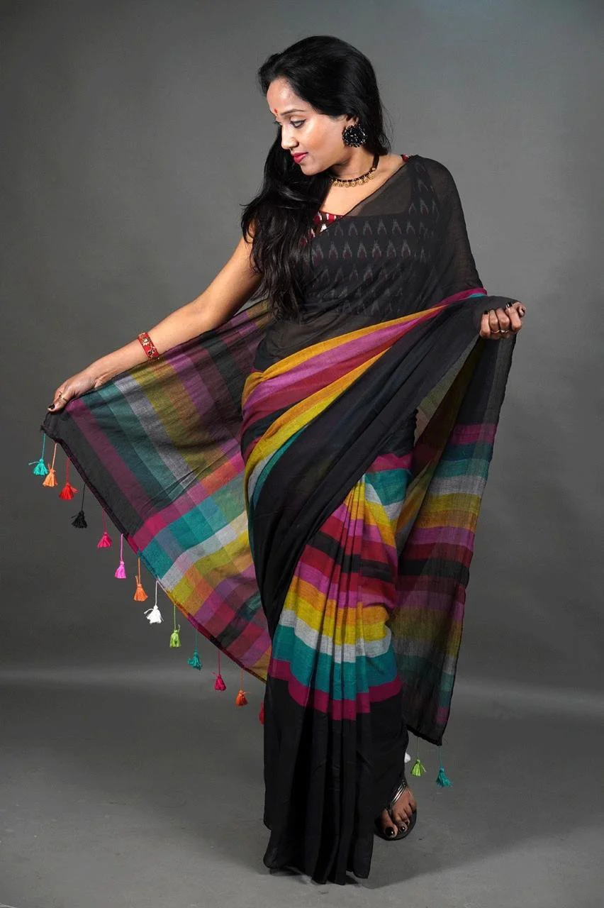 Black Multi-Color Kadi Cotton Saree