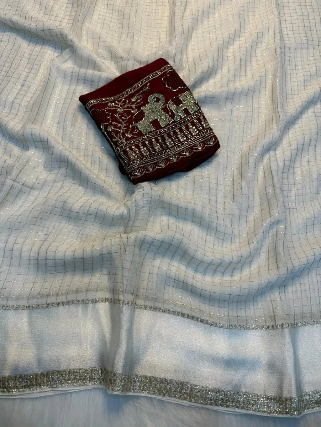 Viscose Georgette Saree with Elephant Embroidered Blouse thumbnail 8
