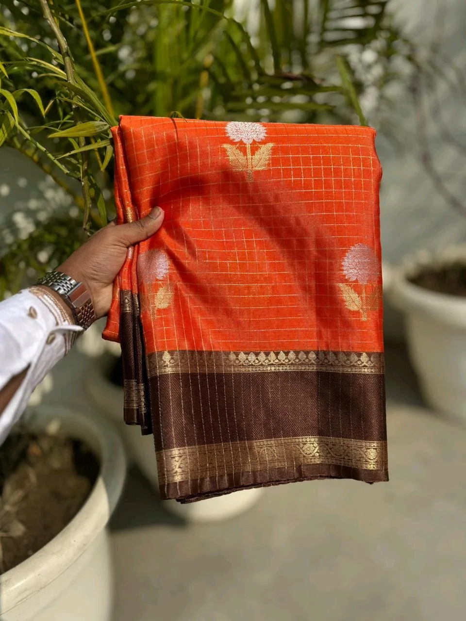 Orange Silk Saree with Brown Zari Border and Floral Buttis thumbnail 2