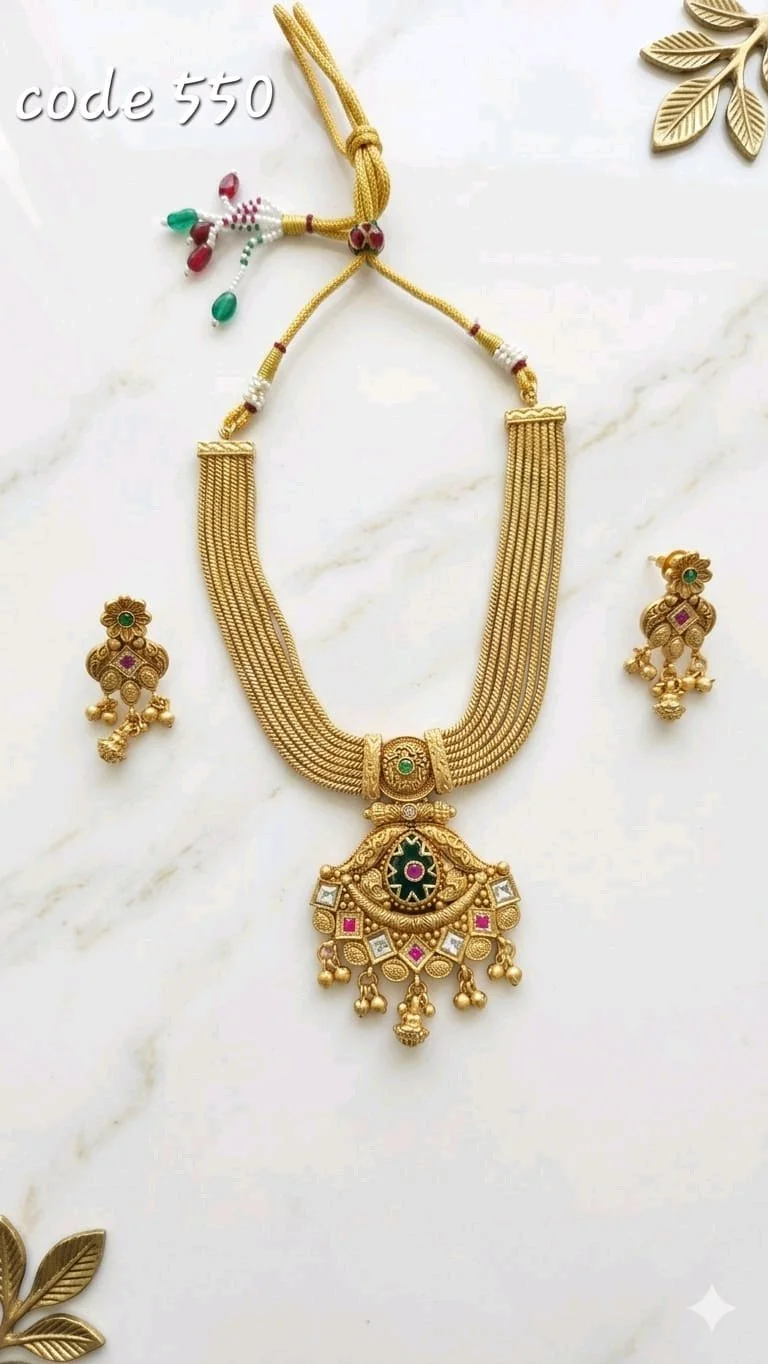 Gold Toned Antique Finish Necklace Set with Earrings