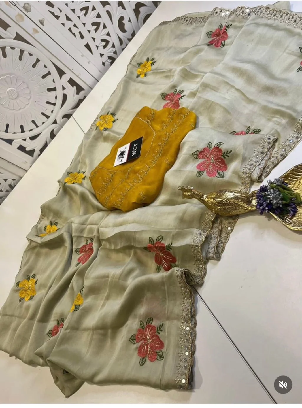 Light Grey Floral Embroidered Saree with Yellow Blouse thumbnail 4