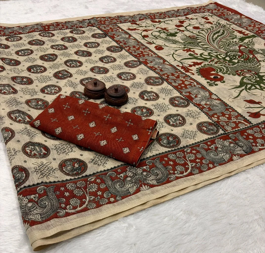 Beige Kalamkari Print Cotton Saree with Red Blouse