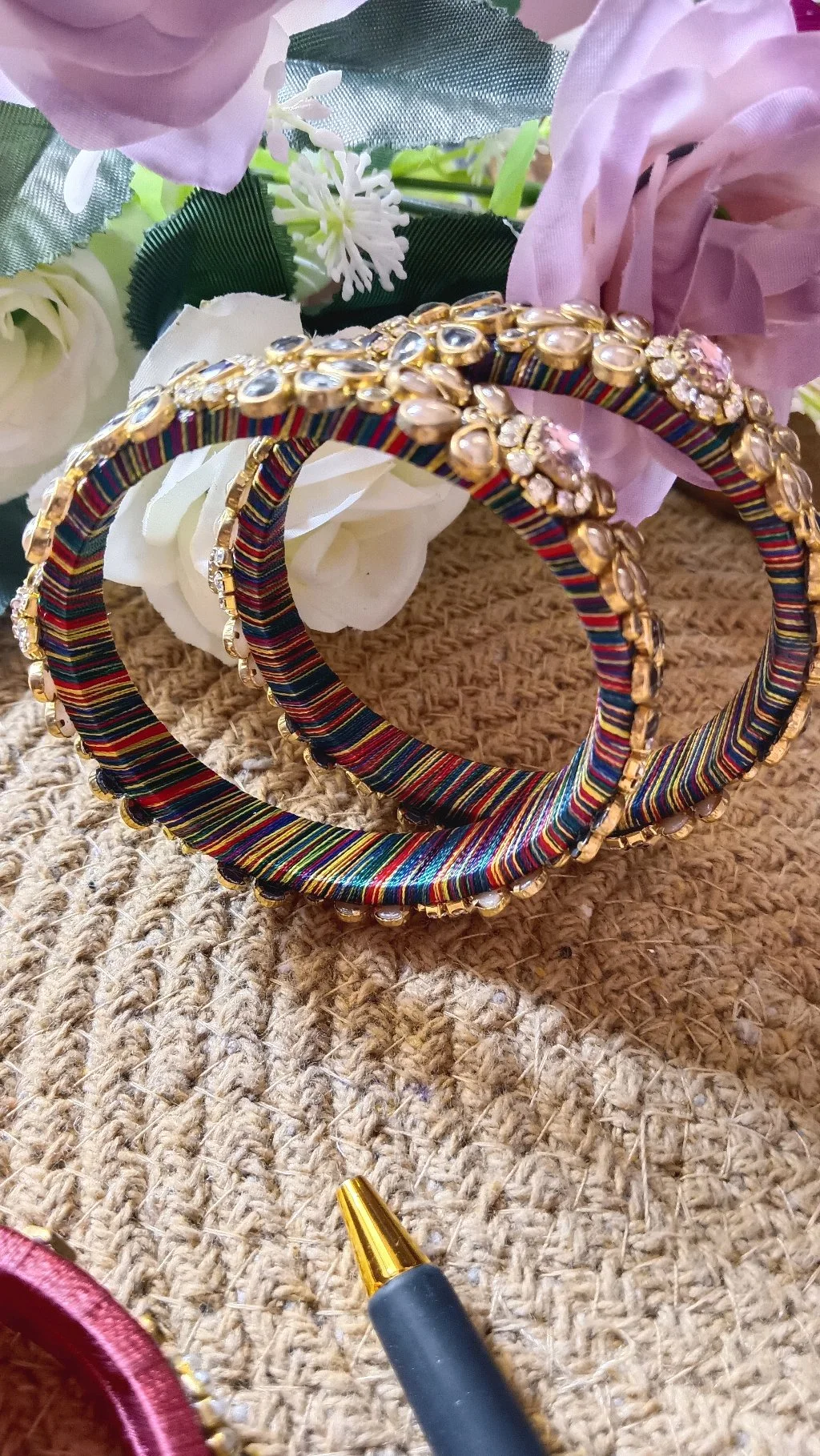 Multicolor and Red Kundan Stone Thread Bangles Set thumbnail 3