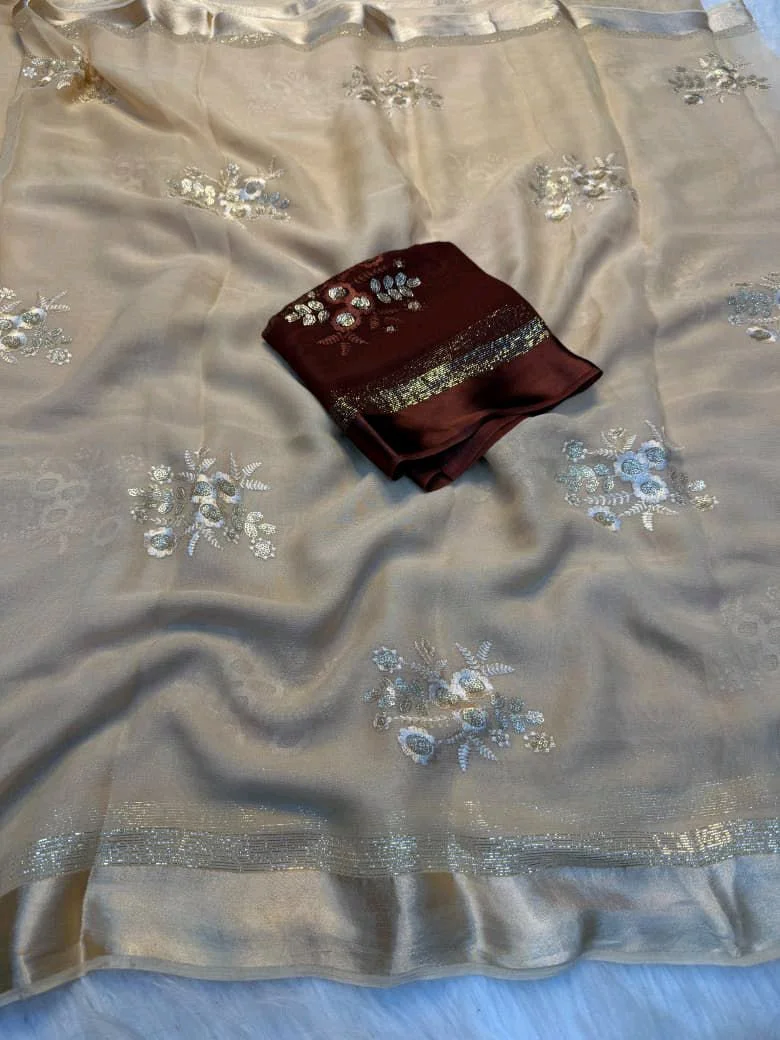Light Beige Viscose Georgette Saree with Silver Floral Embroidery 1