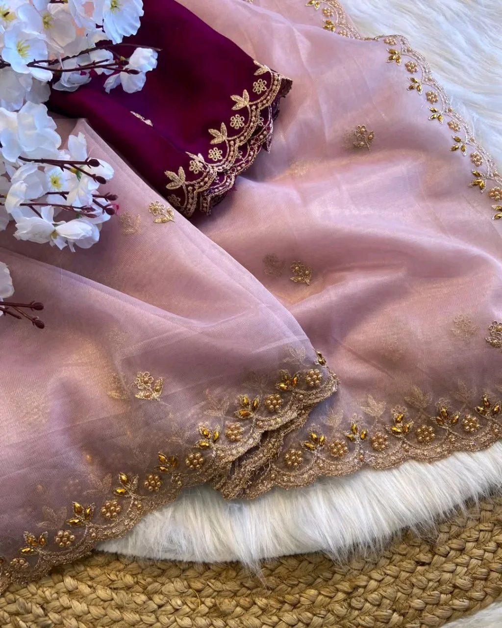 Pastel Organza Silk Blend Saree with Scalloped Embroidered Border 4