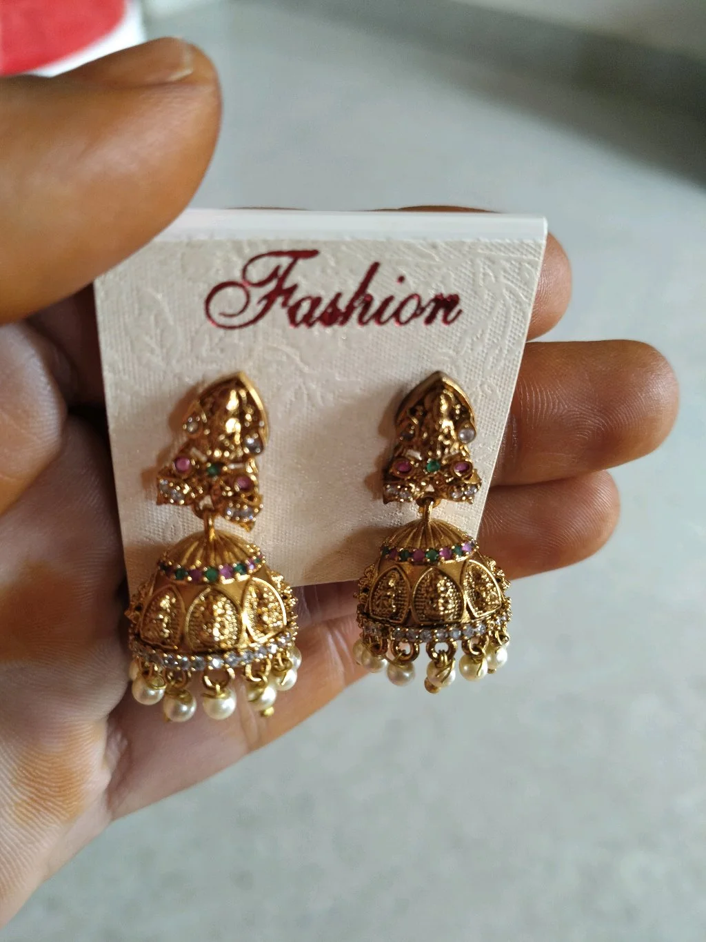 Gold Plated Traditional Jhumka Earrings with Ruby Emerald and Pearls