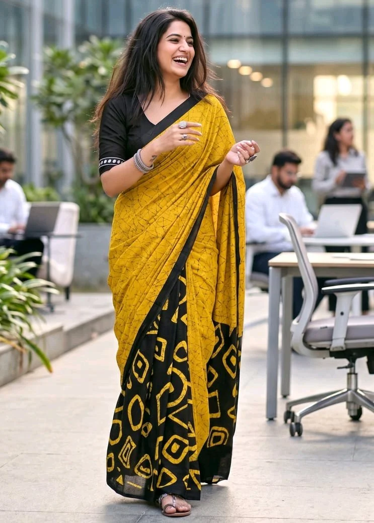 Soft Pure Cotton Sarees With Ikkat Print thumbnail 5