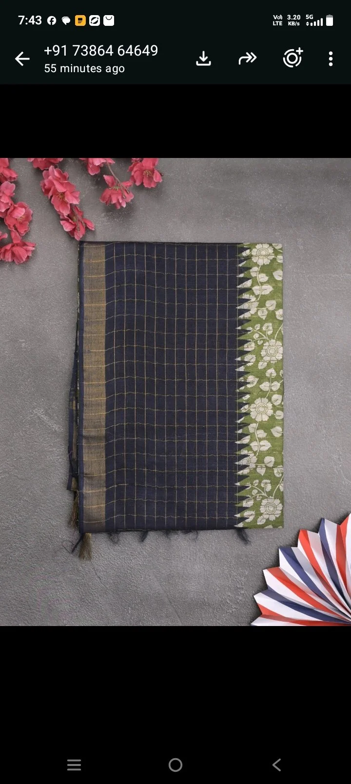 Maroon Checkered Saree with Teal Floral Border thumbnail 2