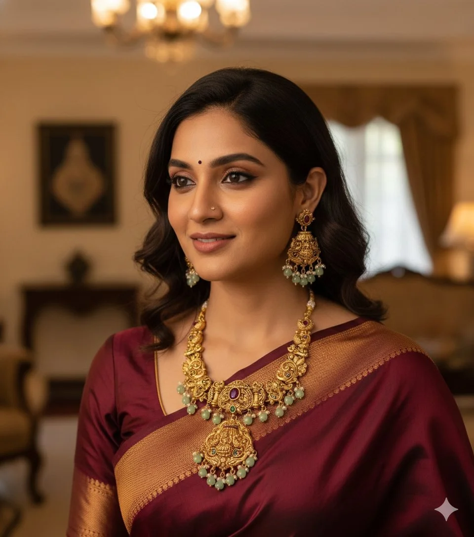 Gold Toned Temple Necklace Set with Green Beads With Earrings