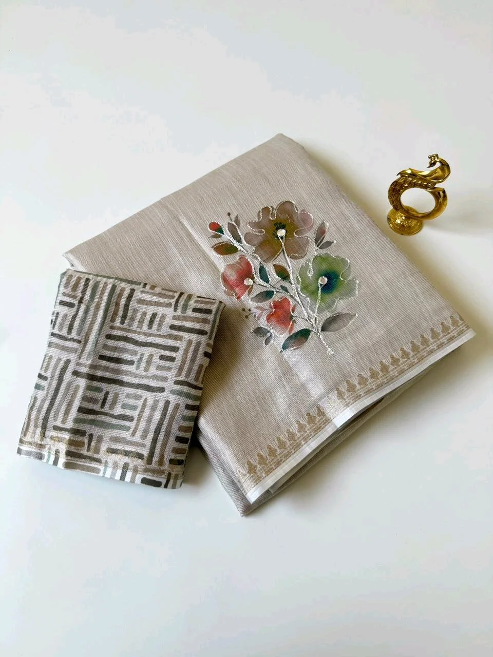 Light Beige Linen Blend Saree with Handpainted Floral Design and Geometric Blouse 3