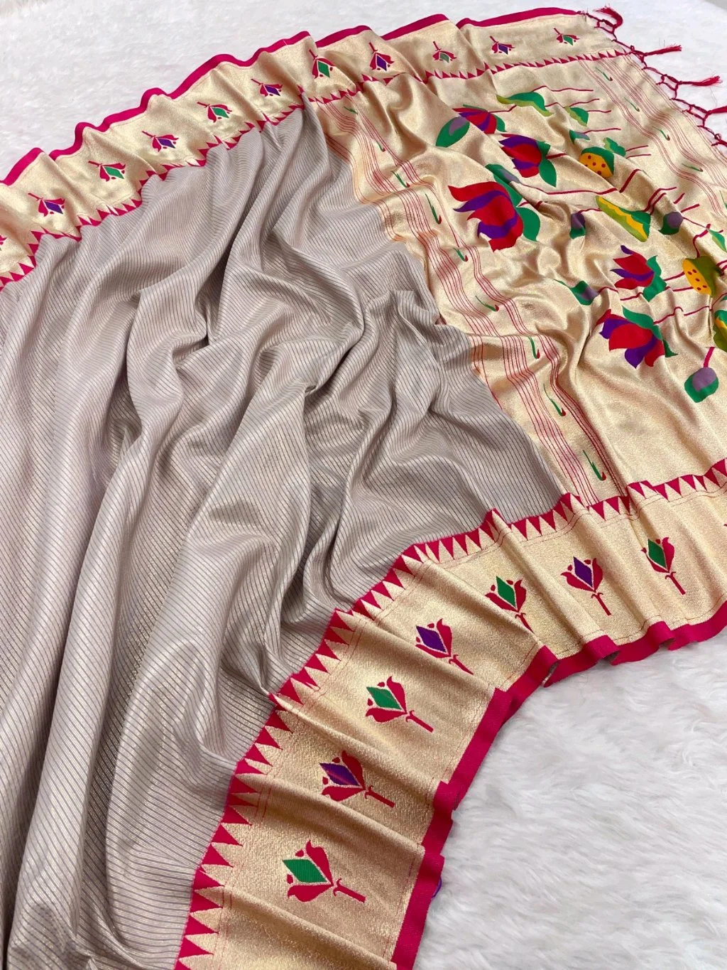Soft Tissue Silk Paithani Saree with Colorful Floral Pallu and Gold Border 4