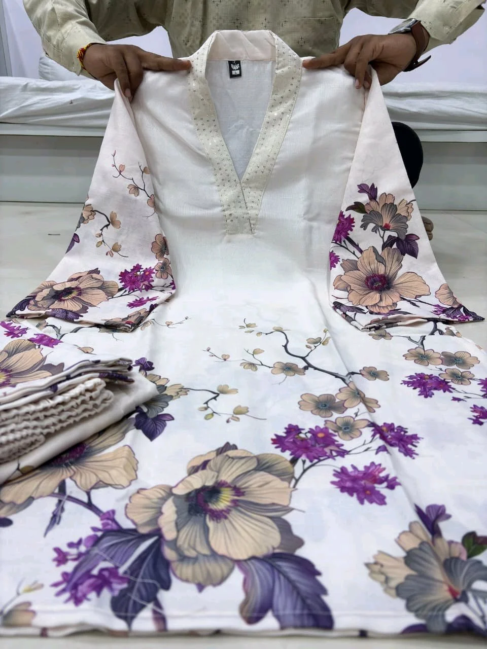 White Floral Print Palazzo Set with Embroidered Neck thumbnail 3
