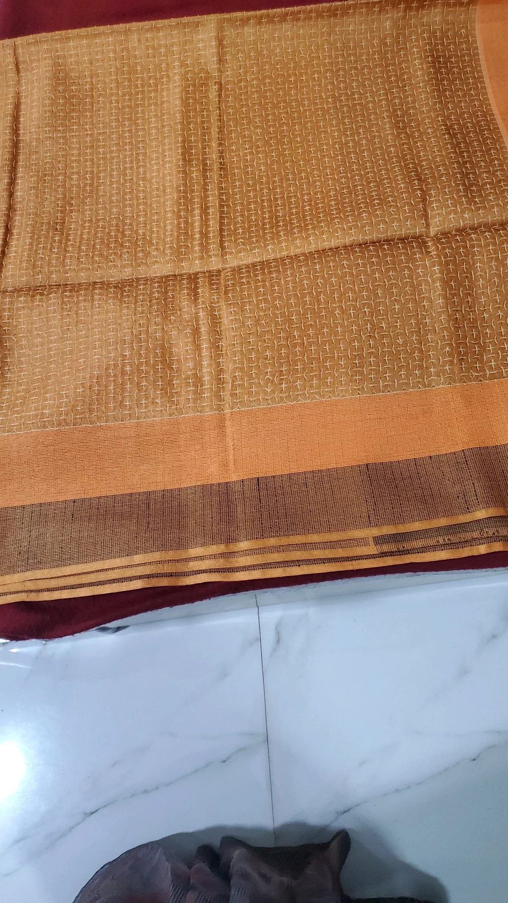 Mustered Yellow  testured With Thread Work Tusser Silk Saree with Striped Border 1