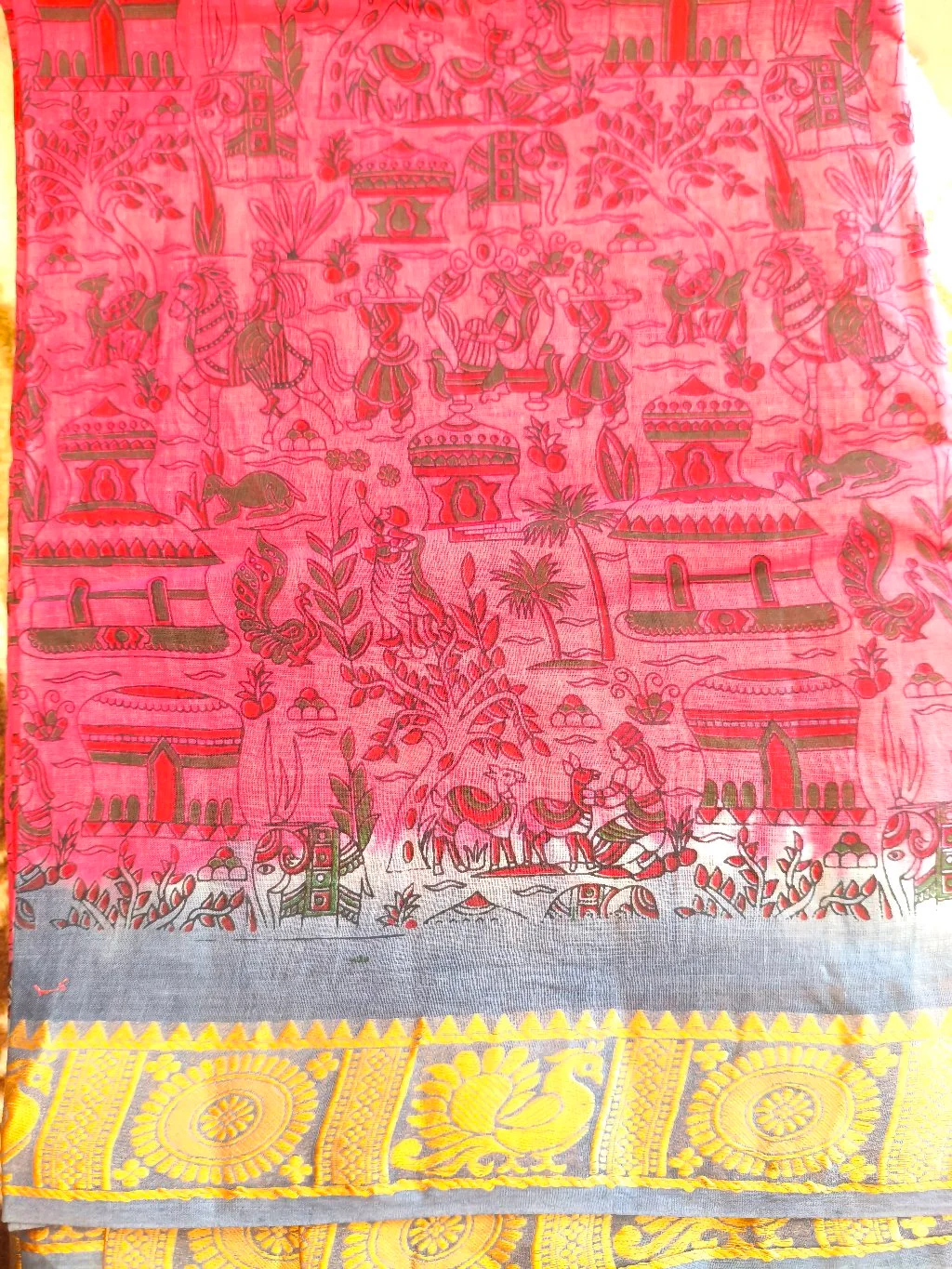 Pink Kalamkari Style Cotton Saree with Peacock Border 2
