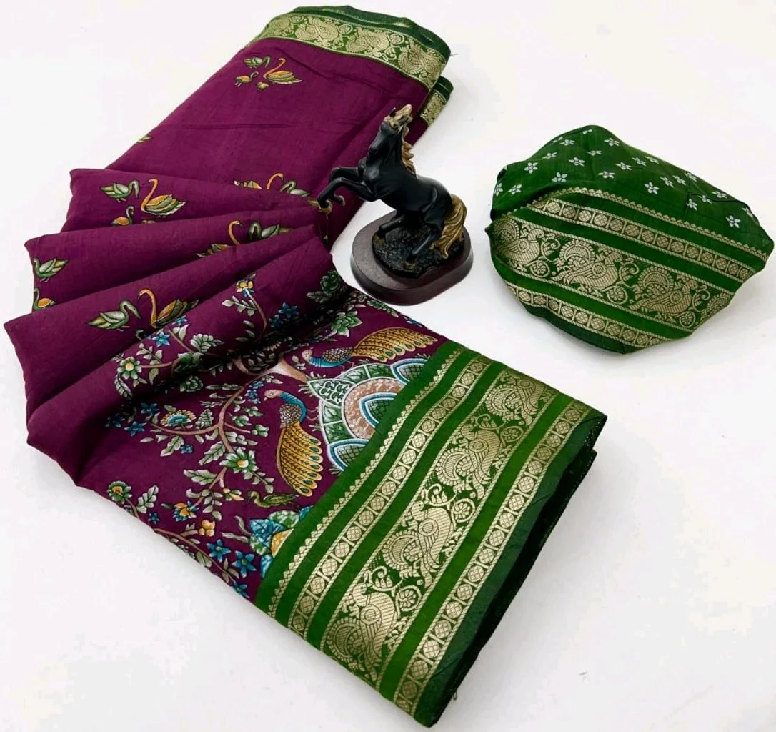 Viscose Silk Kalamkari Print Sarees thumbnail 1