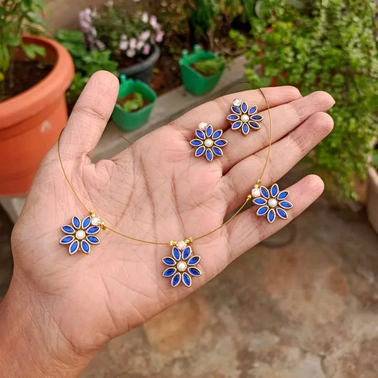Blue and Gold Floral Invisible Chains and Earring Set