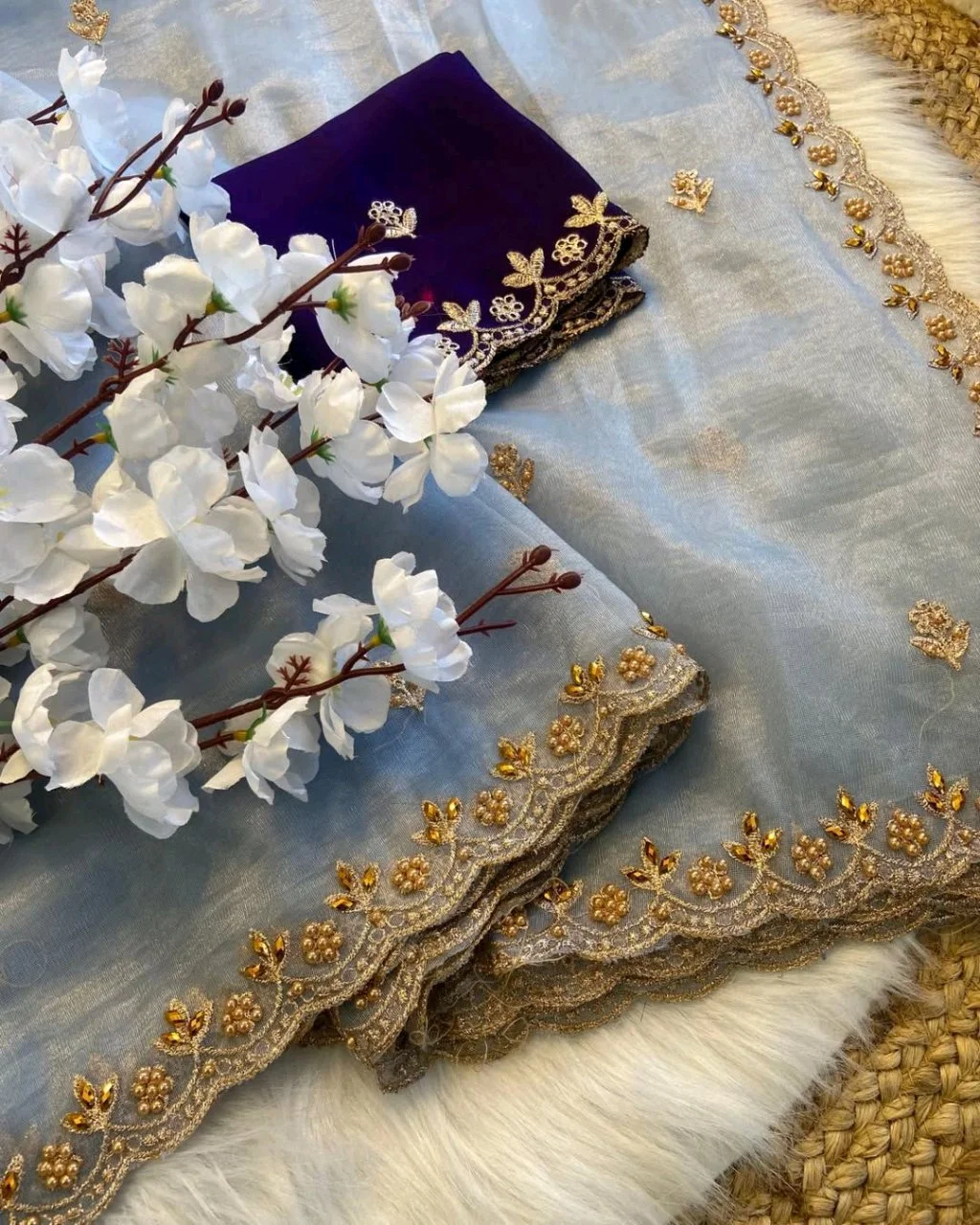 Pastel Organza Silk Blend Saree with Scalloped Embroidered Border 6