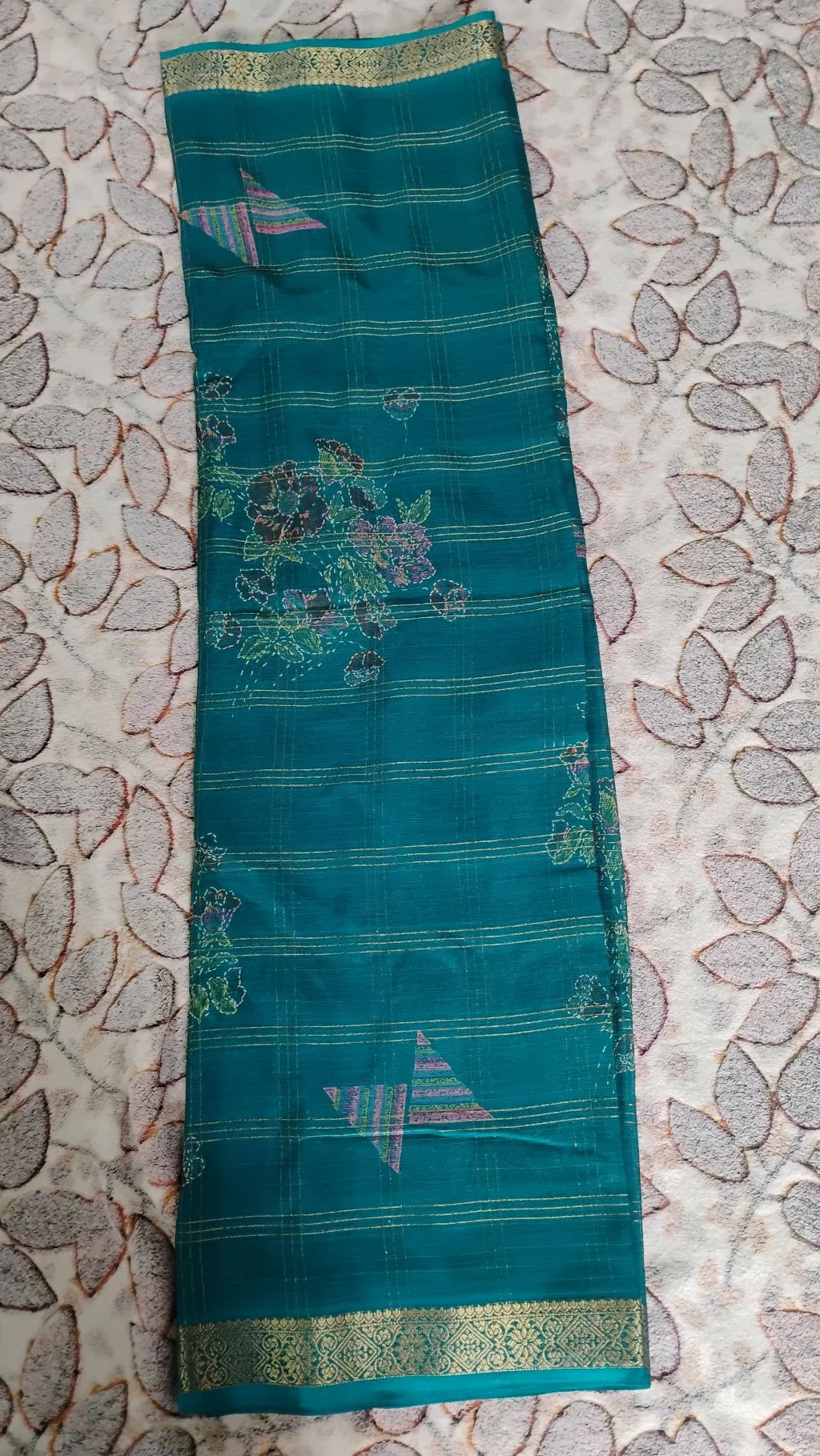 Teal Blue Checkered Saree with Floral Embroidery and Zari Border thumbnail 2