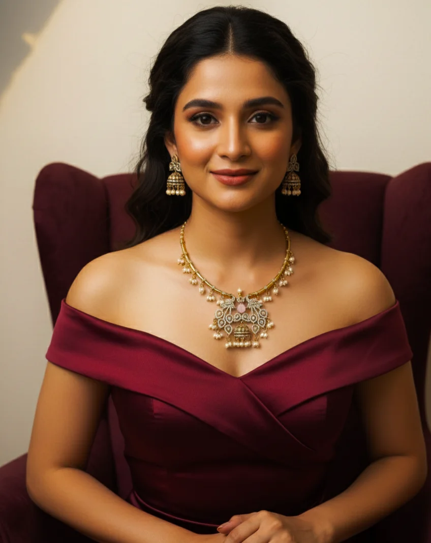 Gold Toned Peacock Design Necklace Set with Jhumka Earrings