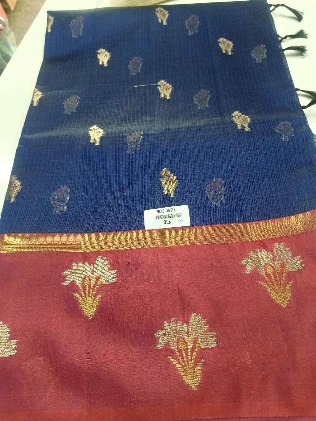 Navy Blue and Red Silk Saree with Gold Zari Motifs