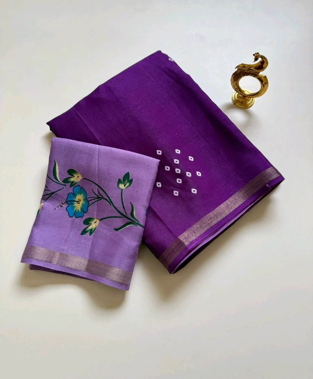 Purple Bandhani Saree with Floral Blouse Piece thumbnail 1