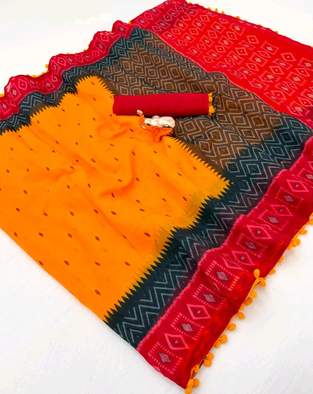 Yellow and Red Printed Saree with Pom Poms 9