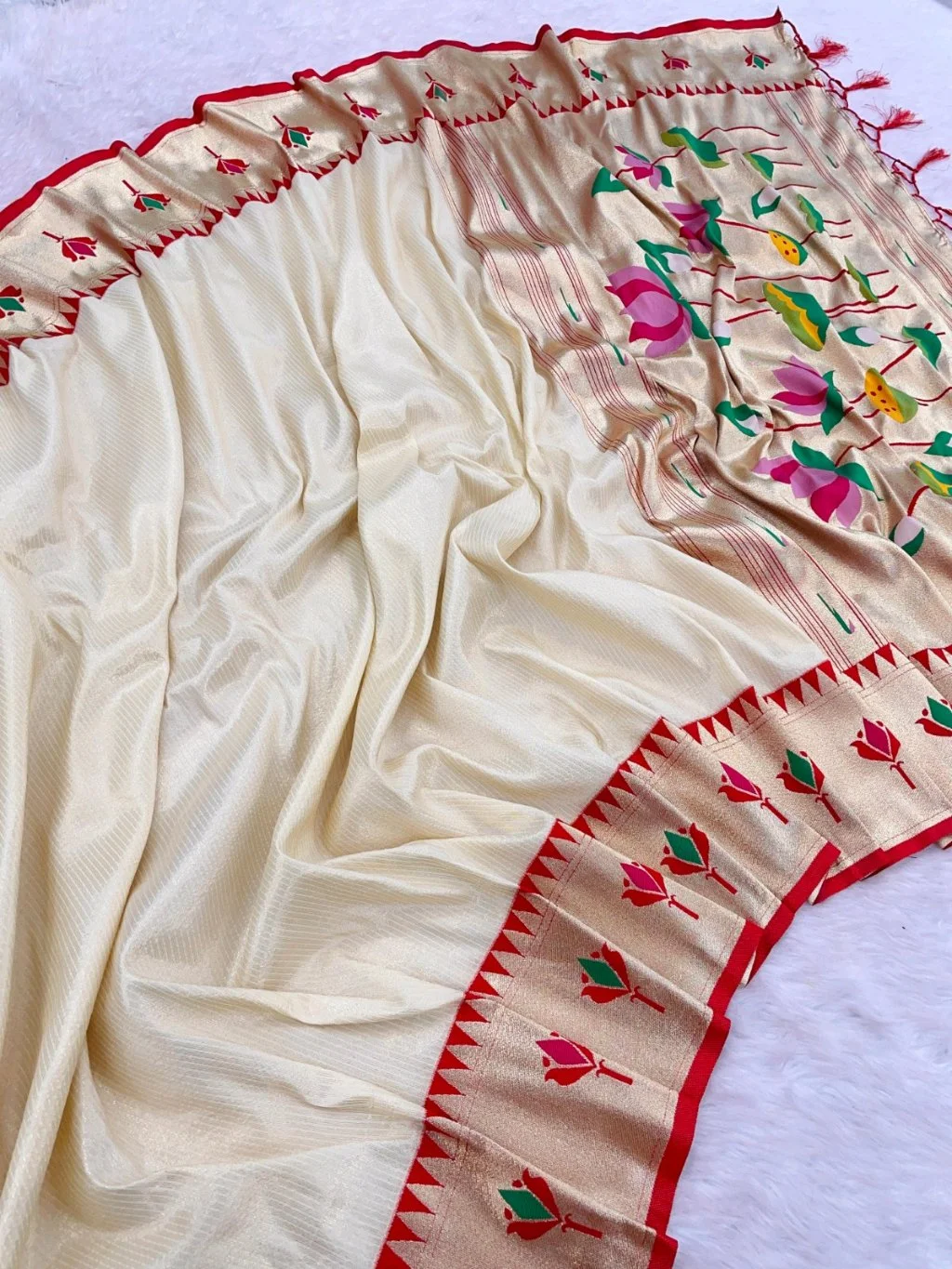 Soft Tissue Silk Paithani Saree with Colorful Floral Pallu and Gold Border 6