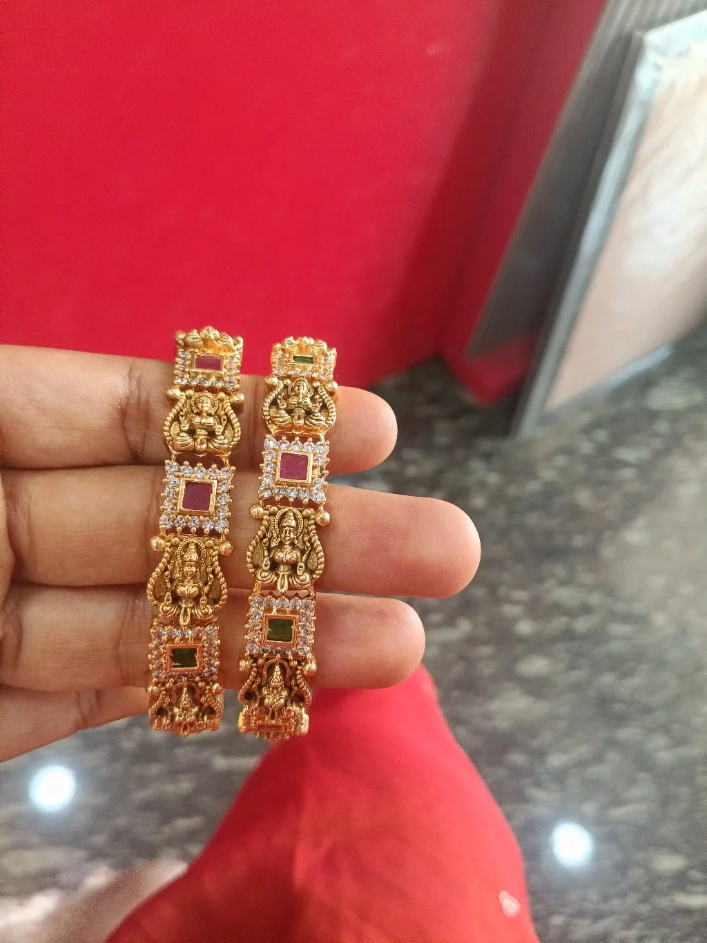 Gold Plated Temple Design Bangles with Ruby and Emerald Stones