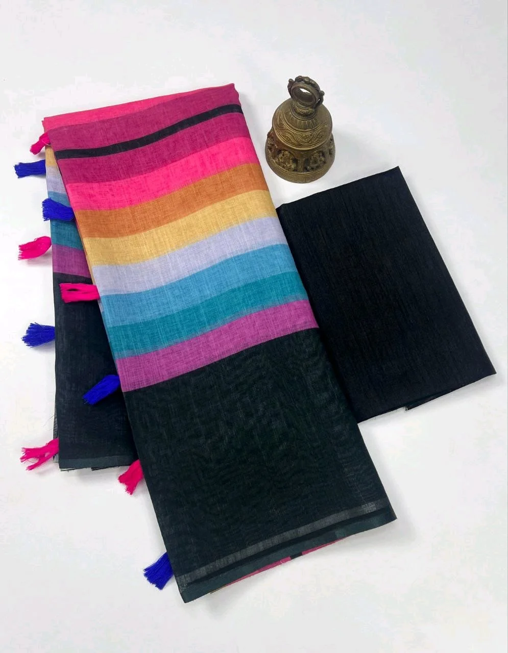 Vibrant Multicolor Plain Linen Cotton Saree with Tassels thumbnail 8
