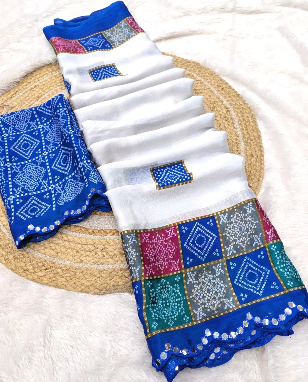 Turkey Silk Saree With Bandhani Print Material with Mirror Work thumbnail 8