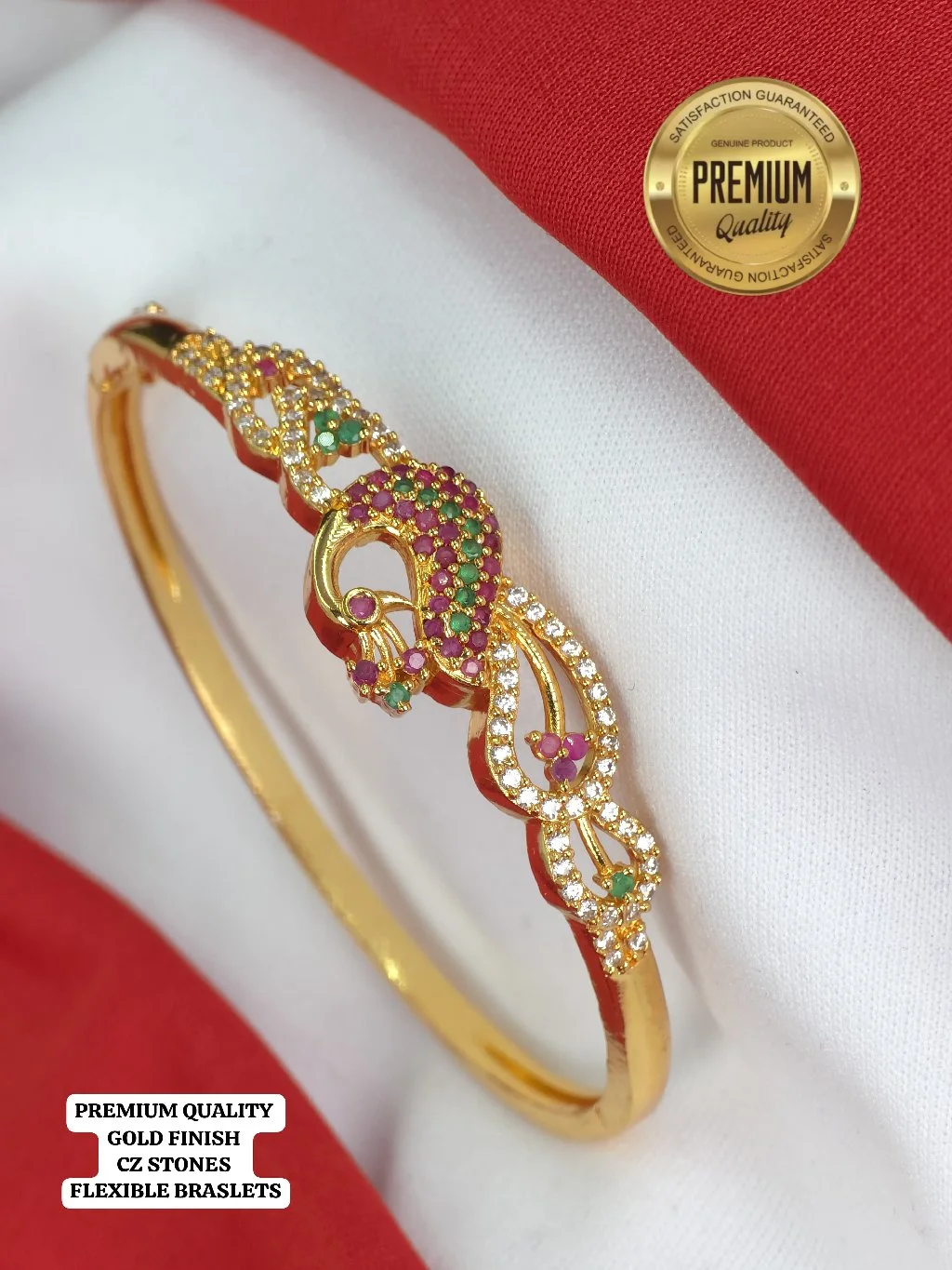 Gold Finish Peacock Design Flexible Bracelet with CZ Stones 5