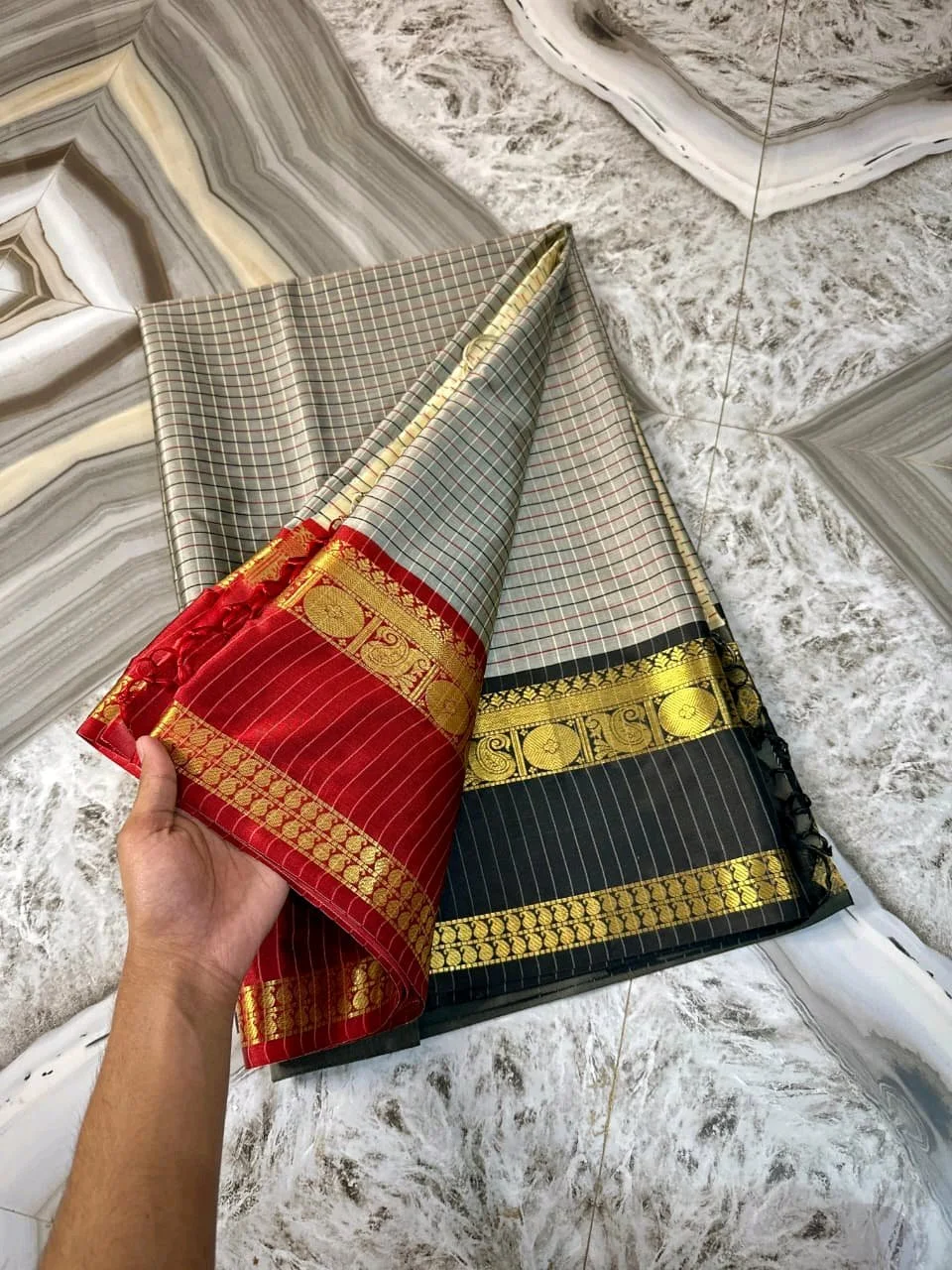 Grey Checkered Silk Saree with Red and Black Zari Borders 2