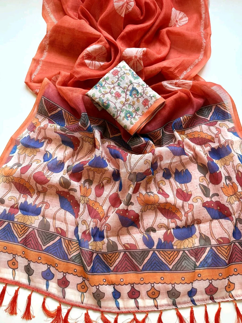 Cotton Lenin Saree with Shibori Print and Floral Blouse 10