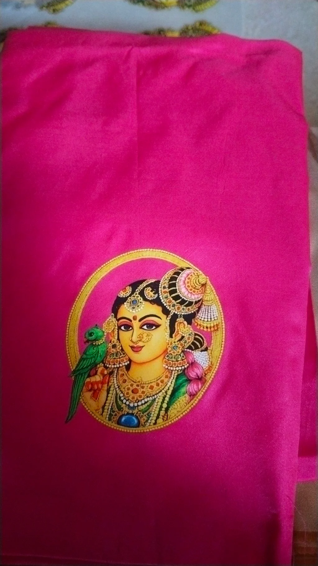 Pink Fabric with Traditional Indian Woman and Parrot Print