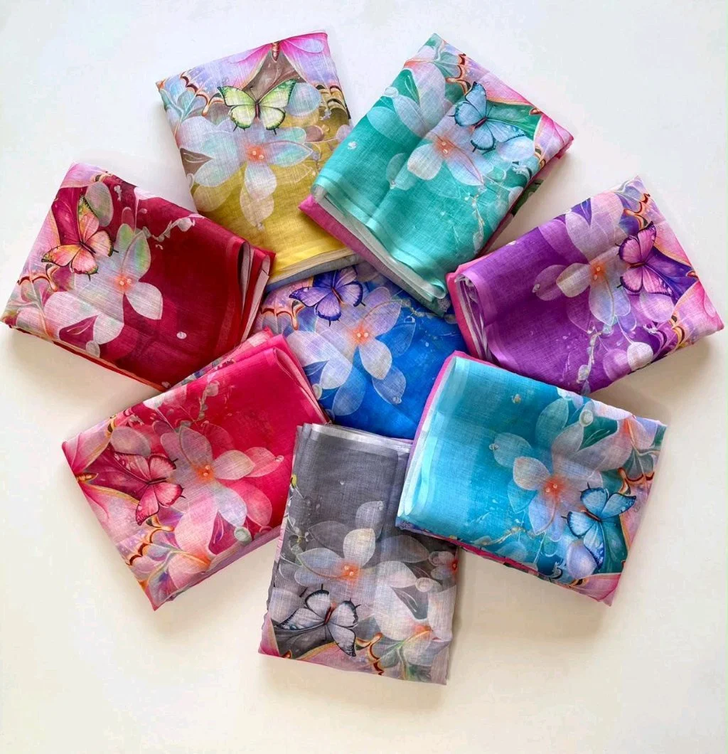 Soft Linen Blend Floral Butterfly Print Saree Collection thumbnail 1