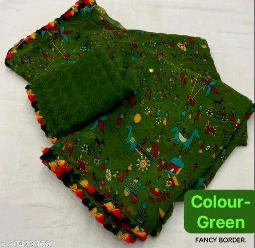 Soft Georgette Saree with Cartoon Prints and Aari Mirror Work 5