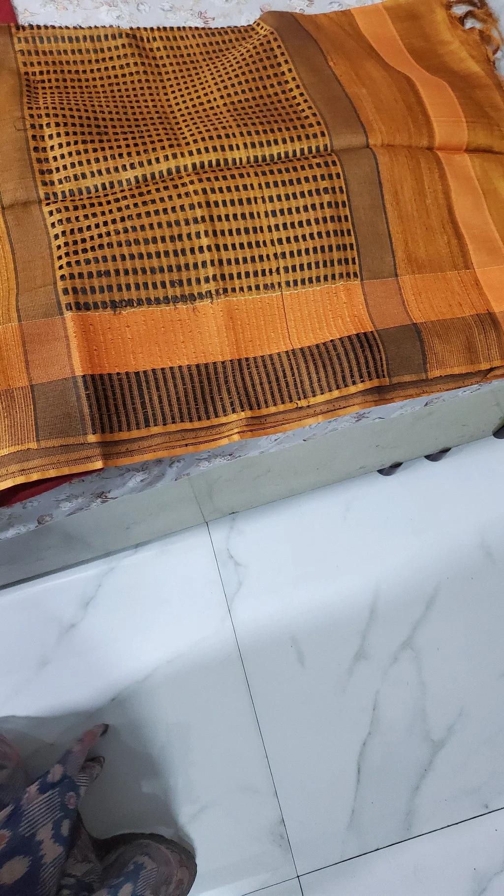 Mustered Yellow  testured With Thread Work Tusser Silk Saree with Striped Border 3