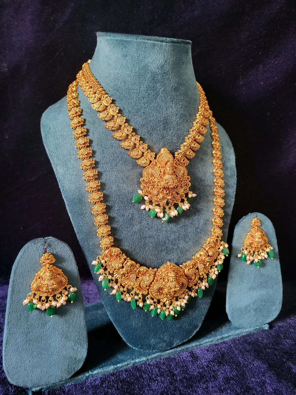 Gold Plated Temple Haram and Neck Set with Earrings - Rental